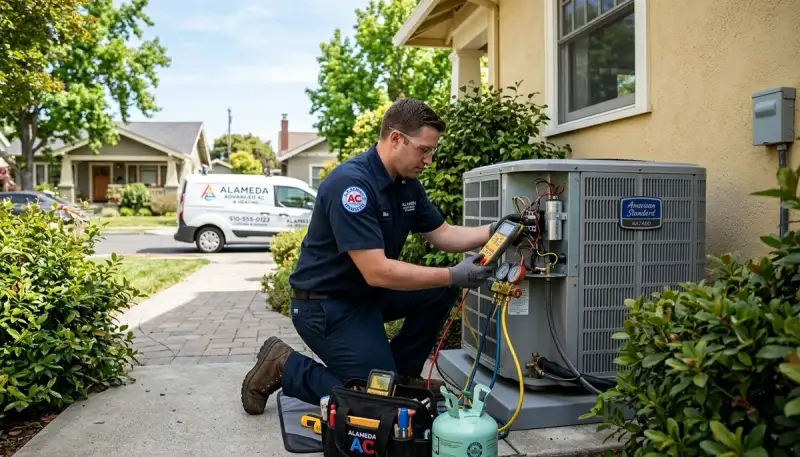 Professional AC repair technician servicing air conditioner unit in San Francisco, CA home