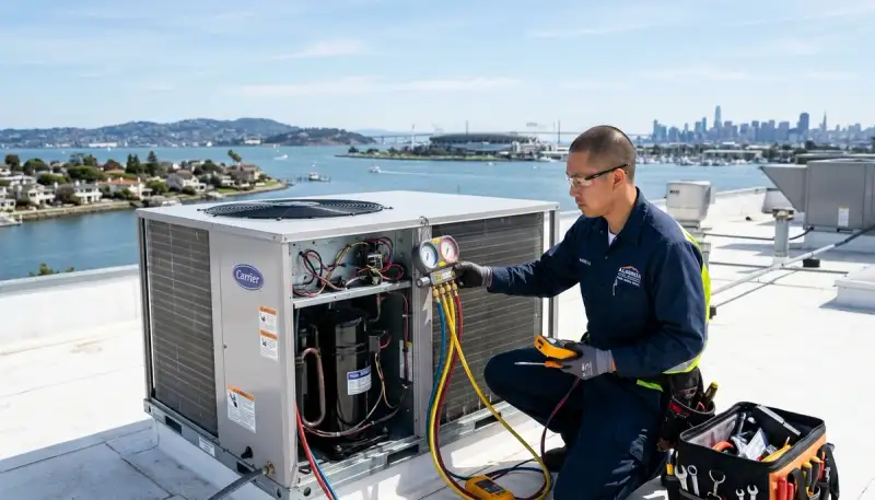 Professional AC repair technician servicing air conditioner unit in San Francisco, CA