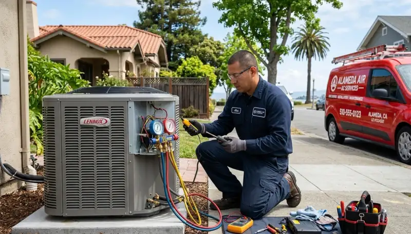 Professional AC repair technician servicing air conditioning unit in San Francisco, CA home