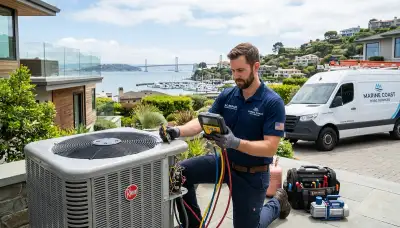 HVAC technician performing AC repair service in San Francisco CA home