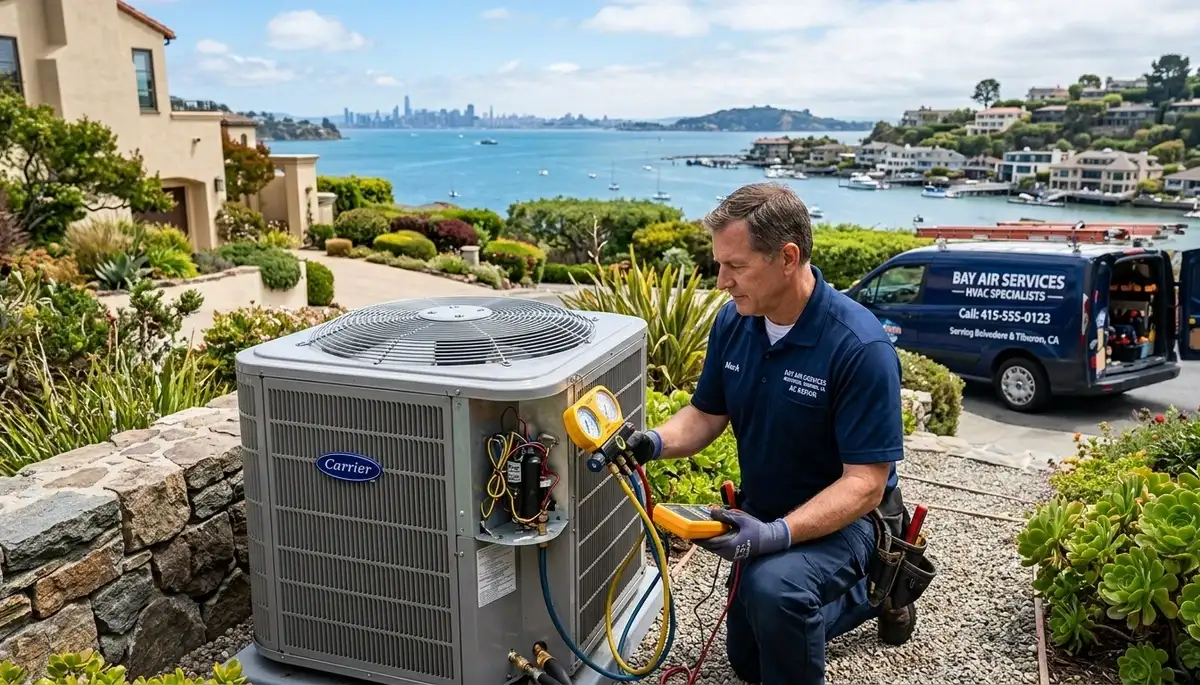 Professional AC repair technician servicing unit in San Francisco, CA home