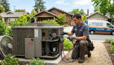 Professional AC repair technician servicing air conditioner in San Francisco CA home
