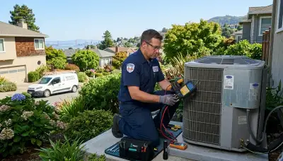 Professional AC repair technician servicing air conditioner unit in San Francisco, CA