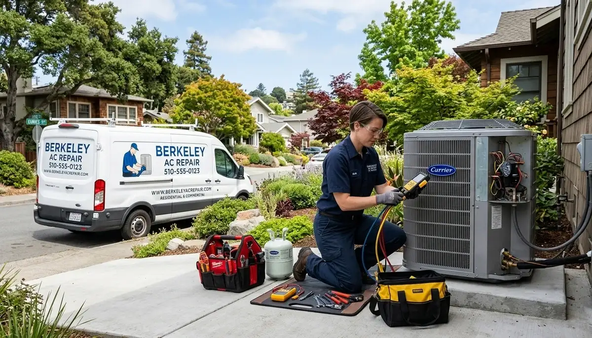 Professional AC repair technician servicing air conditioner in San Francisco CA home