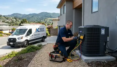 Professional AC repair technician servicing air conditioner in San Francisco CA home