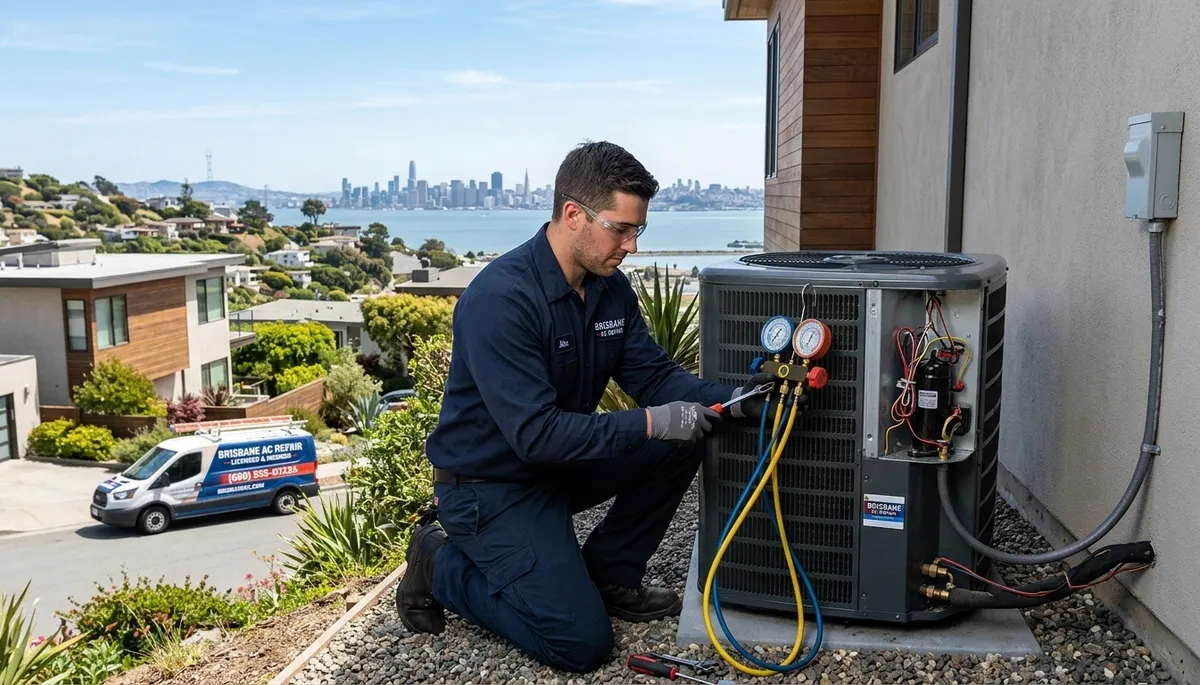 HVAC technician performing AC repair service in San Francisco CA home