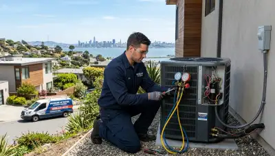 HVAC technician performing AC repair service in San Francisco CA home
