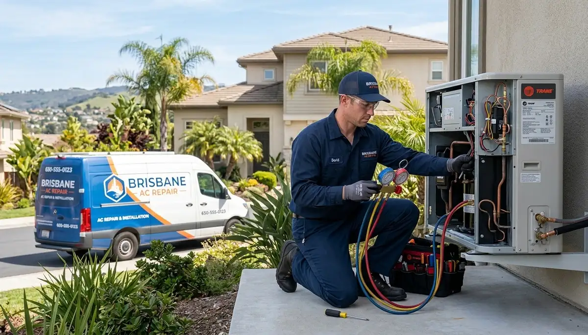 Professional AC repair technician servicing air conditioner in San Francisco CA home