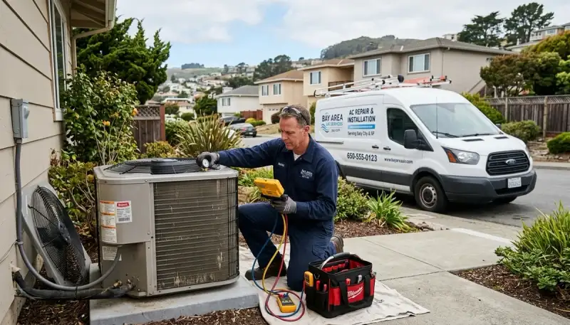 Professional AC repair technician servicing air conditioner unit in San Francisco, CA home