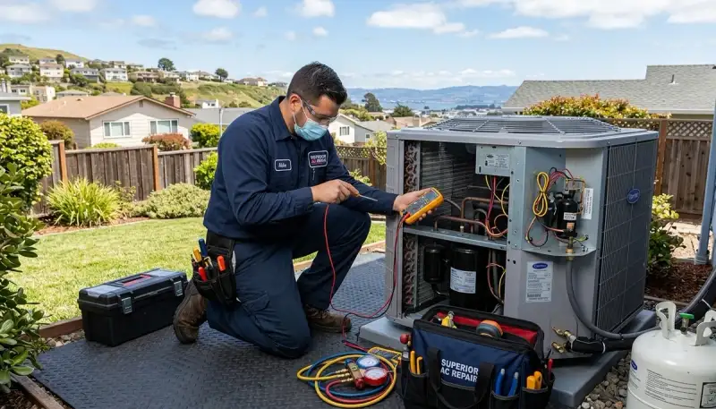 Professional AC repair technician servicing air conditioner unit in San Francisco, CA