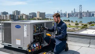 HVAC technician performing AC repair service in San Francisco CA home