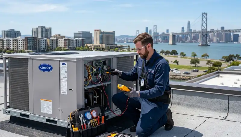 HVAC technician performing AC repair service in San Francisco CA home