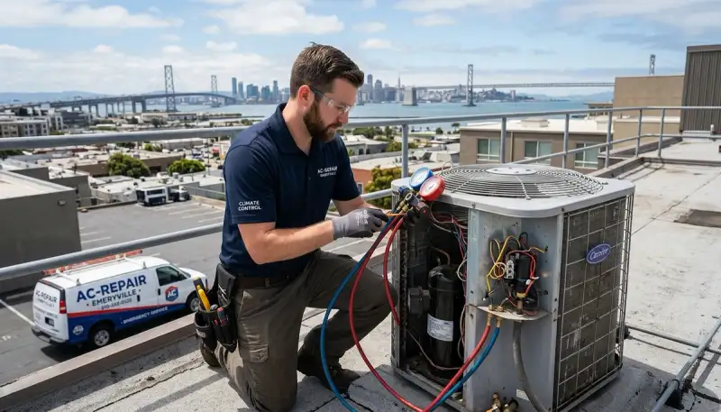 Professional AC repair technician servicing air conditioner in San Francisco CA home