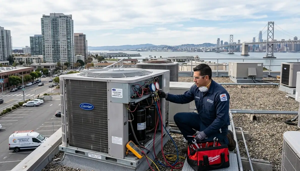 Professional AC repair technician servicing air conditioner unit in San Francisco, CA home