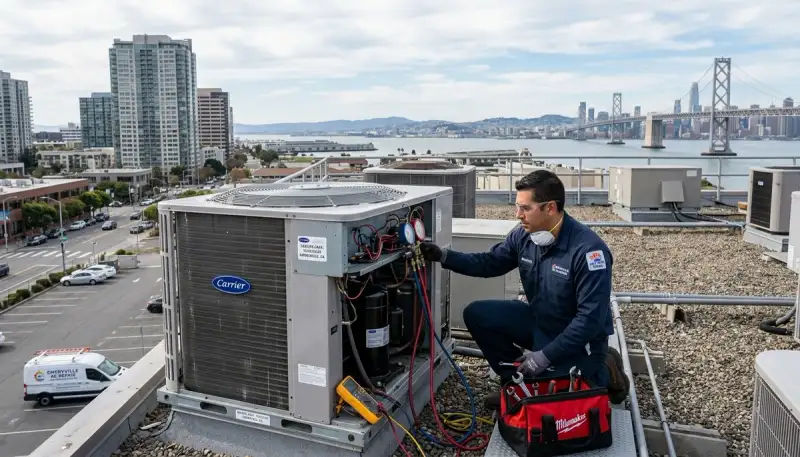 Professional AC repair technician servicing air conditioner unit in San Francisco, CA home