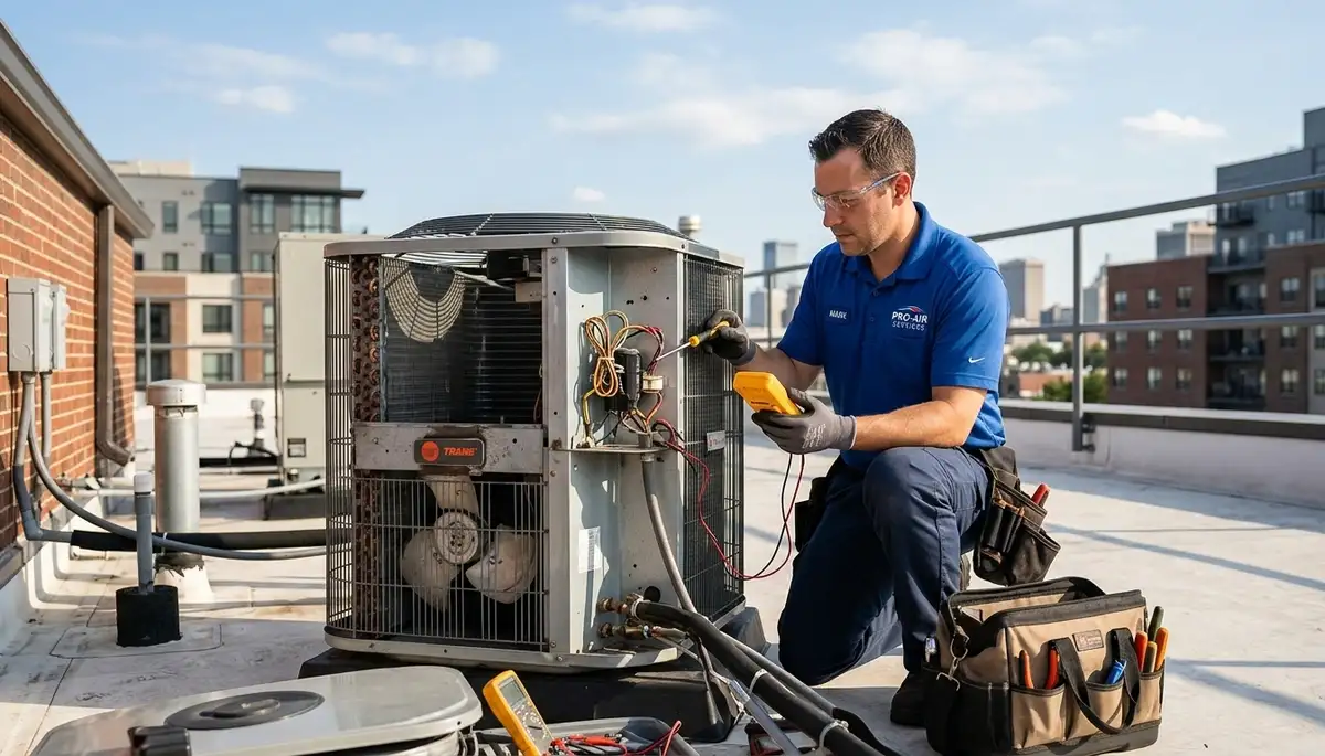 Technician performing AC repair in San Francisco, CA for Five Star Cooling HVAC service