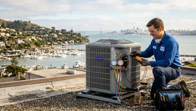 Professional AC repair technician servicing air conditioner in San Francisco CA home