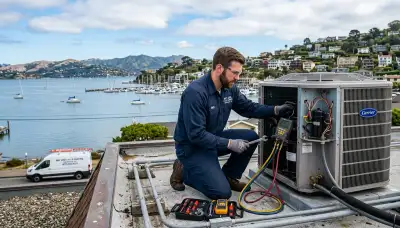 Professional AC repair technician servicing air conditioner unit in San Francisco, CA home