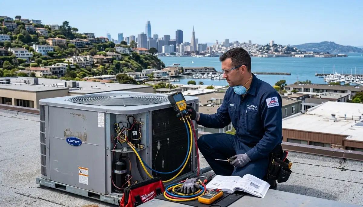 Professional AC repair technician servicing air conditioner in San Francisco, CA home