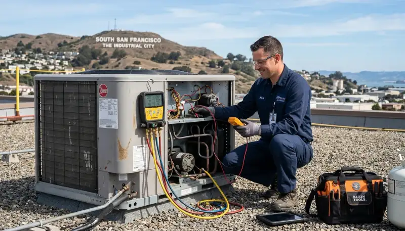 Professional AC repair technician servicing air conditioner unit in San Francisco, CA