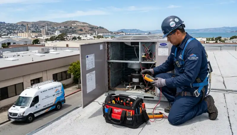 Professional AC repair technician servicing air conditioner in San Francisco CA home