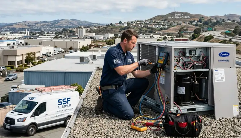 Professional AC repair technician servicing home unit in San Francisco CA