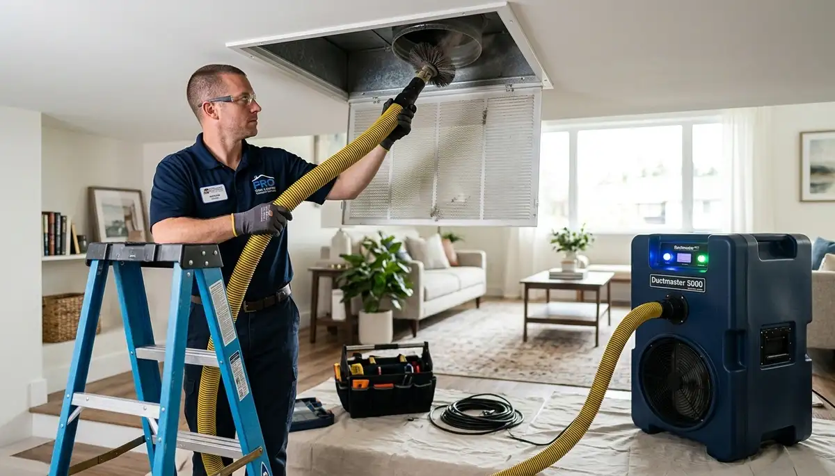 Technician cleaning air ducts for AC system in San Francisco, CA home to improve airflow and air quality