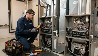 Technician repairing home furnace in San Francisco, CA for Five Star Cooling HVAC service
