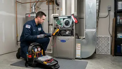Technician repairing furnace system in San Francisco, CA home for Five Star Cooling HVAC service