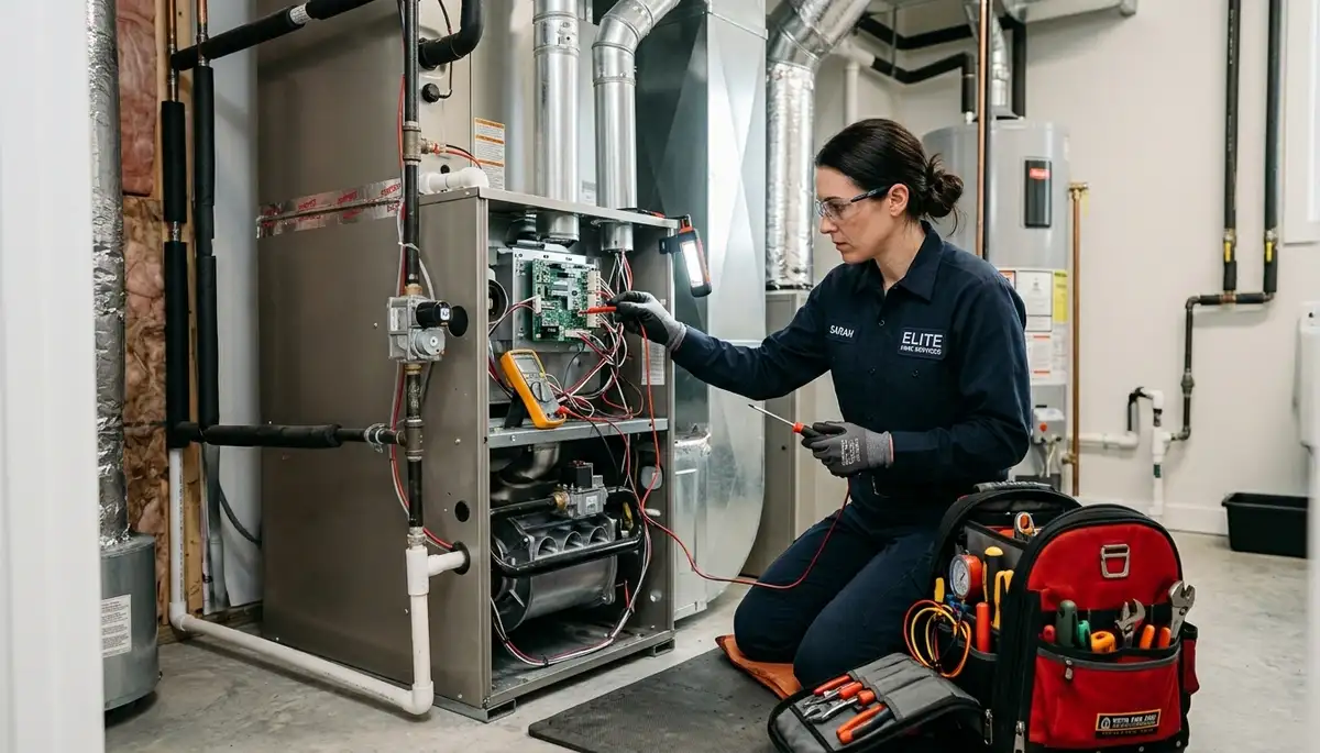 Technician performing furnace repair in San Francisco, CA for Five Star Cooling HVAC service