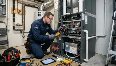Technician performing heating repair on furnace in San Francisco, CA home