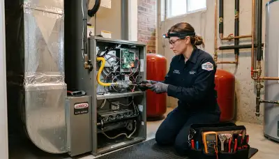 Technician performing heating repair on furnace in San Francisco, CA home