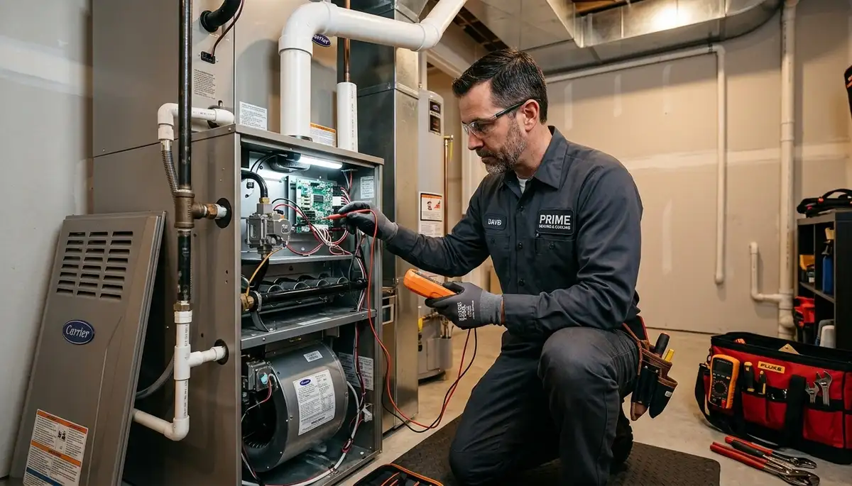 Technician performing heating repair on furnace in San Francisco, CA home