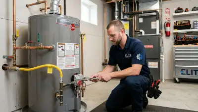 Technician performing water heater repair in San Francisco, CA for residential HVAC service