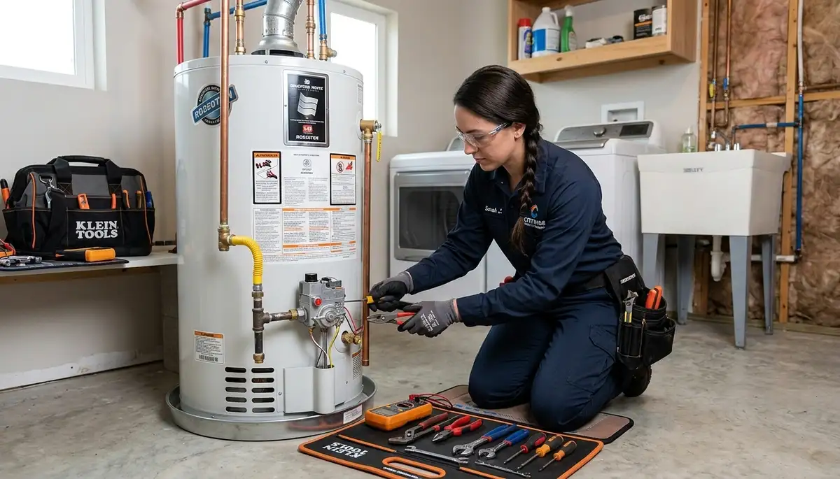 Technician performing water heater repair service in San Francisco, CA for Five Star Cooling